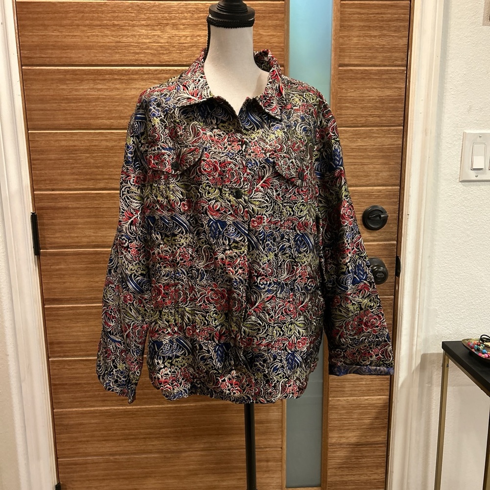 Chico's Multicolor Floral-Scroll Button Jacket - Red, Blue, Green